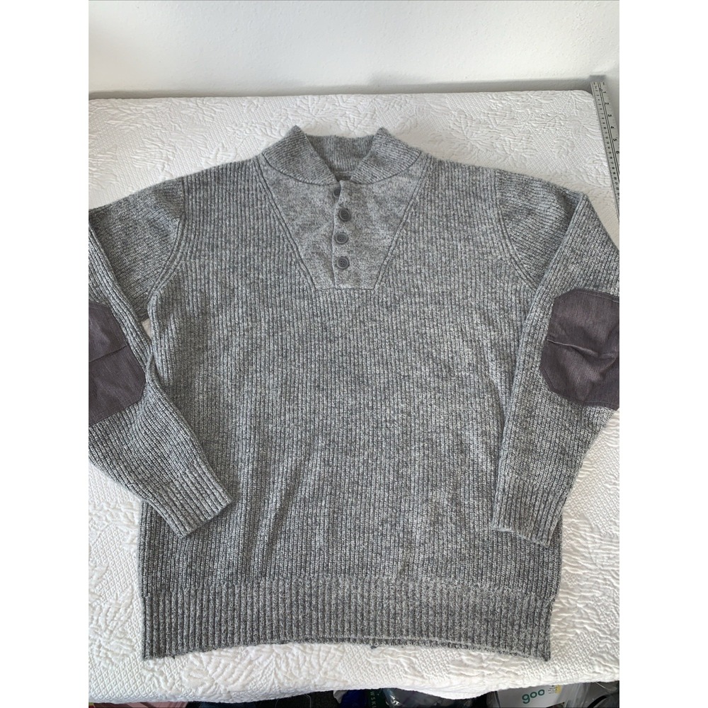 Schott Bros Gray Sweater Mens Medium Wool Elbow Patch Fisherman Knit